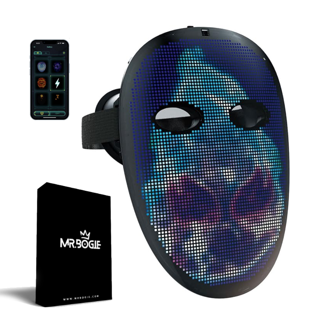 Mr.Bogie Face Transforming LED Mask Bluetooth App Controlled, HD Video Playback, Voice Recognition (USB-C Charger)